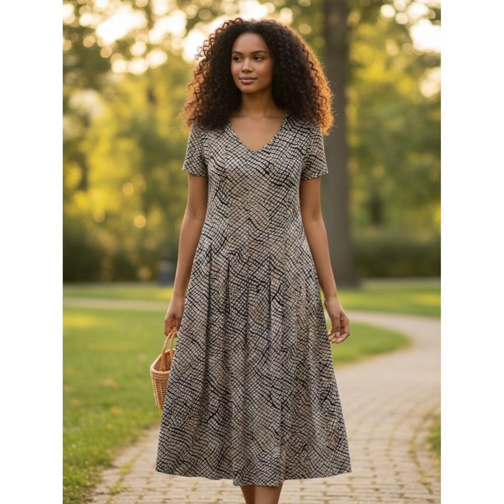 NY Collection Petite Black Cream White Scoop Neck Short Sleeve Midi Dress M PM
